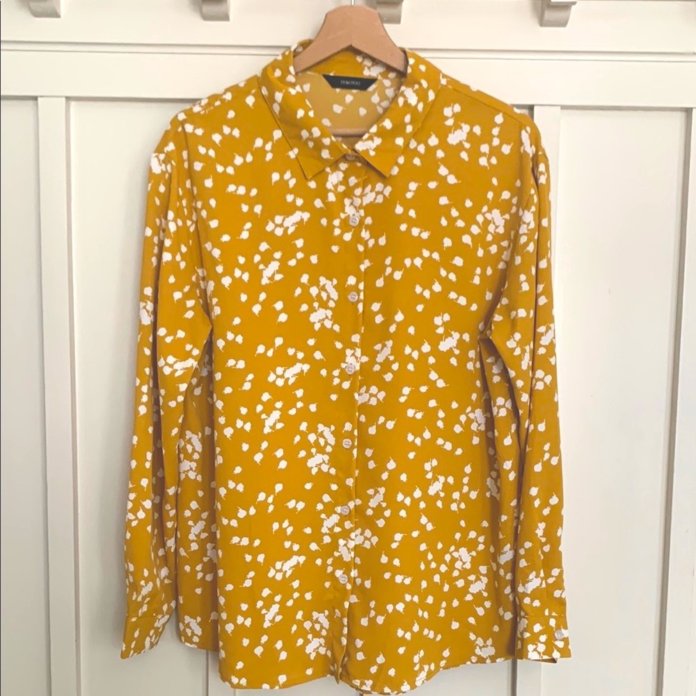 NWOT Yellow Button-Up Blouse with Creamy white Floral Pattern